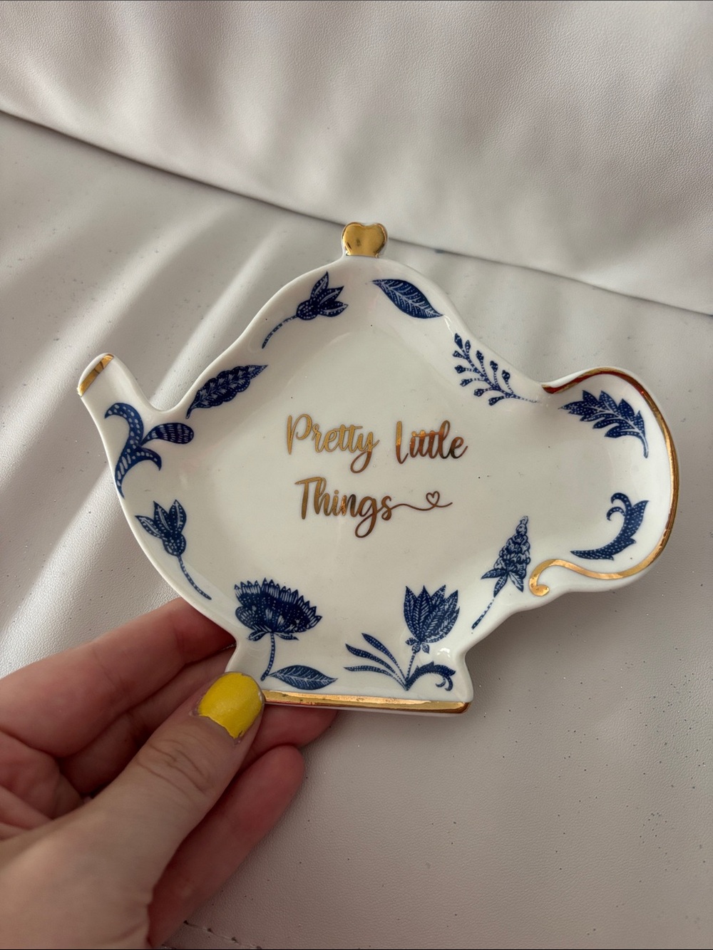 Kate Aspen White Ceramic Teapot Trinket Dish with Blue Floral and Gold Accents